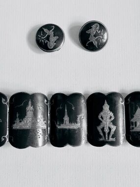 SIAM SILVER NIELLO SMALL BRACELET 6" CIRCA 20 CENTURY + DANCING GODDESS EARRINGS